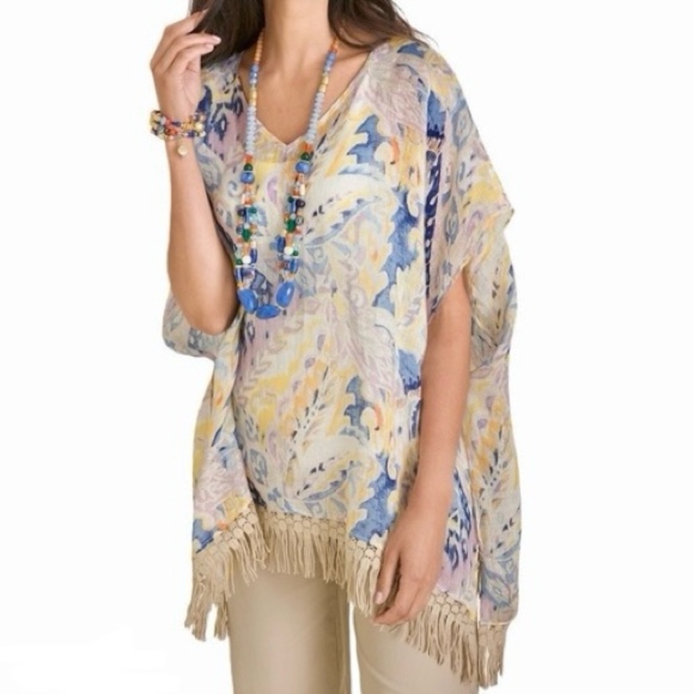 Chicos Fringed Linen Caftan Top Women’s Size M Watercolor Colorful Beach Boho